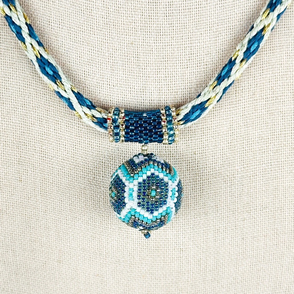 Artisan Boho Teal Blue Gold Crochet Seed Beaded Orb Braided Cord Necklace - Picture 4 of 7